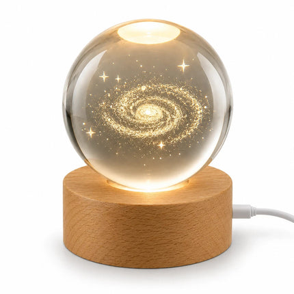3D Engraved Galaxy Crystal Ball Night Light 6cm USB Wooden Base Warm White + RGB