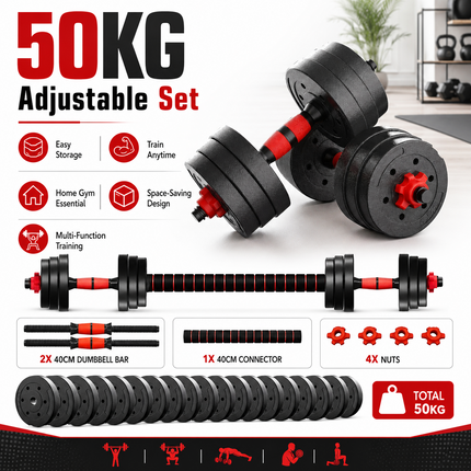 50KG  Adjustable 6-in-1 Dumbbell Barbell Weights Set For Home Gym