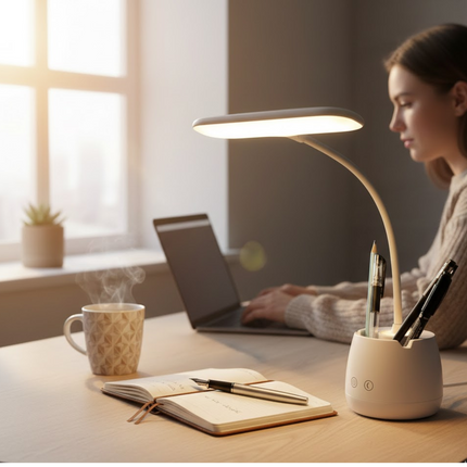 LED Desk Lamp Touch Control USB Charging Table Light with Pen & Phone Holder
