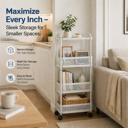 4 Tier Slim Rolling Utility Cart White Plastic Storage Organizer With Wheels