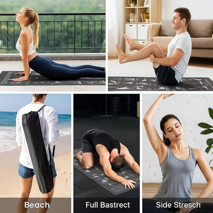 Yoga Mat Non-Slip Pilates Gym Workout With Asana Postures Printed + Carry Bag