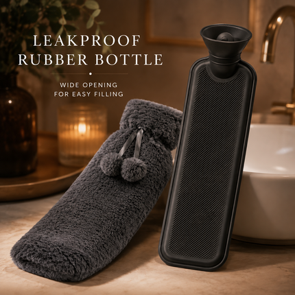 Extra Long 2.2L Hot Water Bottle Soft Fleece Cover Body Pain Relief Dark Grey