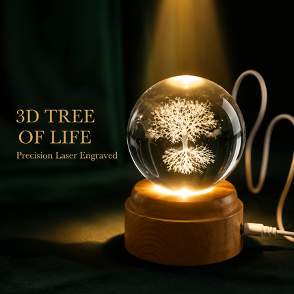 Tree of Life Crystal Ball 8cm LED Night Light Rotating Base USB Warm White + RGB