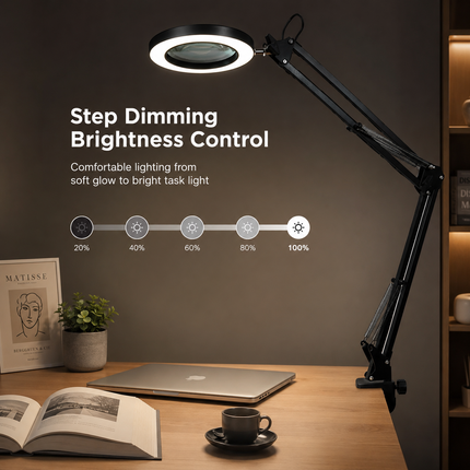 3X Magnifying Desk Lamp LED Light Dimmable 3 Light Colour Step Dimming Swing Arm