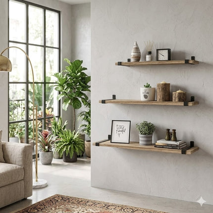 Floating Shelves Set of 3 Wall Mounted Paulownia Wood Storage Display Shelf Kit