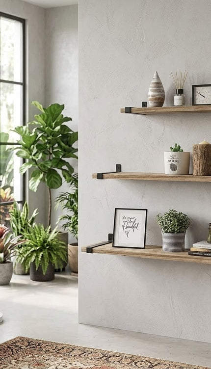 Floating Shelves Set of 3 Wall Mounted Paulownia Wood Storage Display Shelf Kit