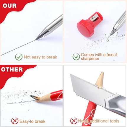 Carpenter Pencil Set + 6 Refills Deep Hole Mechanical Construction Tool Leads