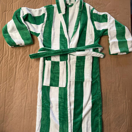 X-Large White & Green Unisex Cotton Terry Bathrobe Gown Soft Spa Robe Men Women