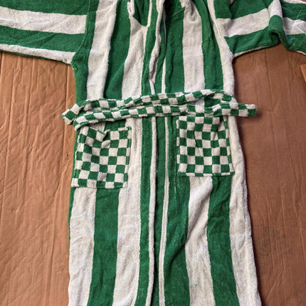 X-Large Green & White Unisex Cotton Terry Bathrobe Gown Soft Spa Robe Men Women