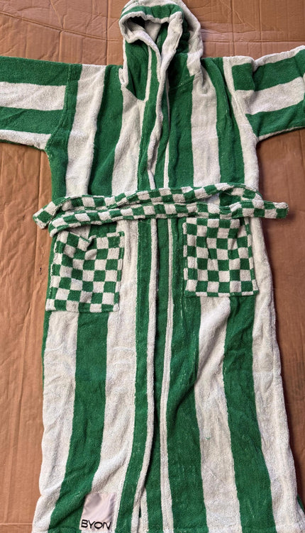 X-Large Green & White Unisex Cotton Terry Bathrobe Gown Soft Spa Robe Men Women