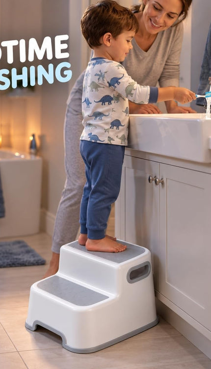 Kids Double Step Stool Non-Slip Bathroom Sink Toilet Carry Handles White Grey