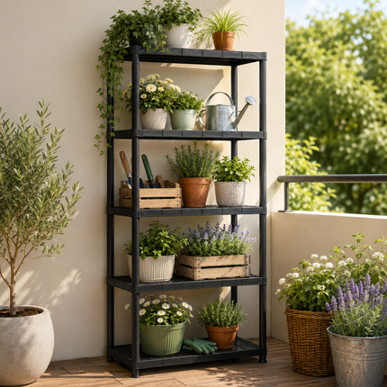 5-Tier Plastic Storage Shelf Rack Black - Home Garage Organizer