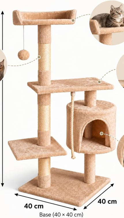 Multi Level Cat Tree 120cm Sisal Scratching Post Hammock Condo Climbing Tower