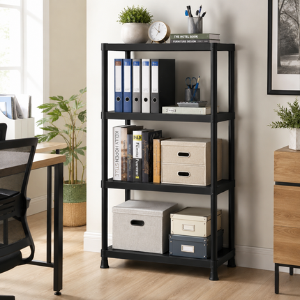 Storage Shelving 4 Tier Black Plastic Rack Pack 2 Home Garage