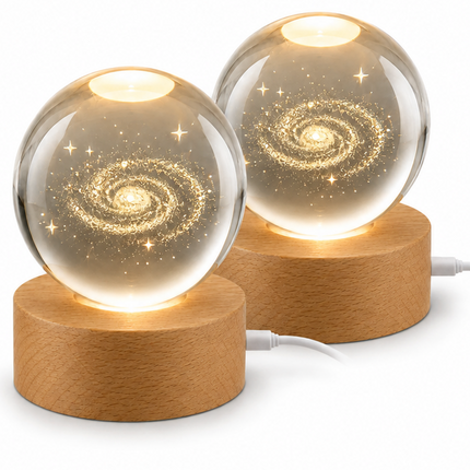 3D Engraved Galaxy Crystal Ball Night Light 6cm USB Wooden Base Warm White + RGB