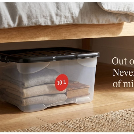 2x Curve Storage Boxes With Lid 10L Clear Plastic Underbed Home Office Organizer