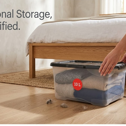 2x Curve Storage Boxes With Lid 10L Clear Plastic Underbed Home Office Organizer