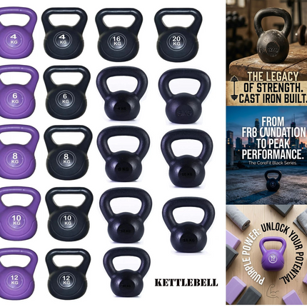 Vinyl Kettlebell Weight Set 4KG–20KG Cast Iron Gym Fitness Training Workout