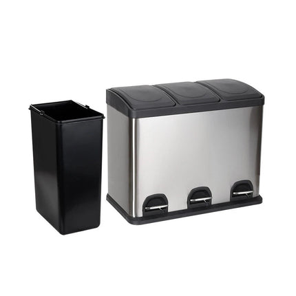 45L Triple Compartment Pedal Bin Stainless Steel Kitchen Waste Recycling 3x15L