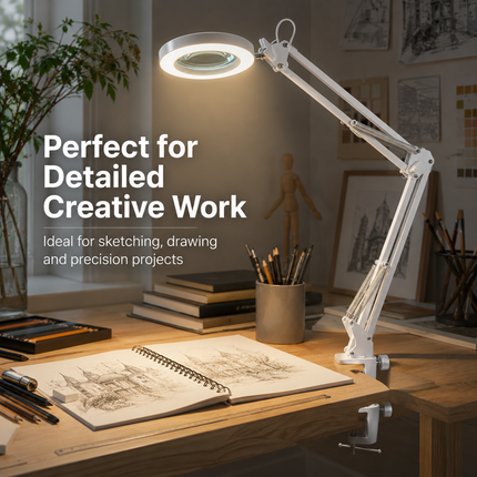 3X Magnifying Desk Lamp LED Light Dimmable 3 Light Colour Step Dimming Swing Arm