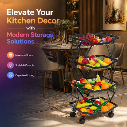 4/5 Tier Folding Rolling Fruit & Vegetable Storage Trolley Kitchen Cart on Wheel