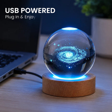 Galaxy Crystal Ball Night Light 8cm 3D Engraved - Wooden Base Warm White + RGB