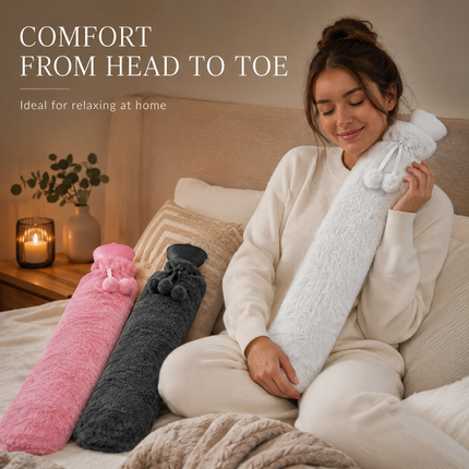 Extra Long 2.2L Hot Water Bottle with Soft Fleece Cover Neck Back Pain Relief