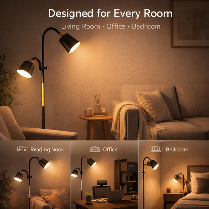 Floor Lamp with Dual Heads E27 Reading Light Modern Rotating Adjustable for Home