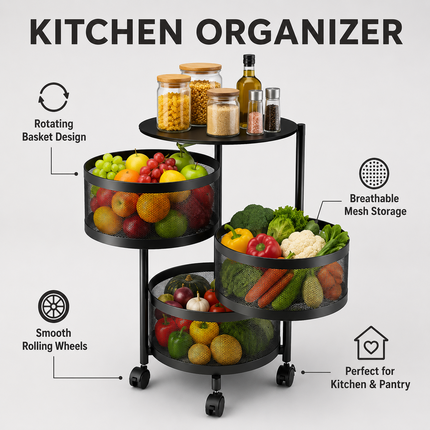 Storage Rack 4 Tier Rotating Kitchen Bathroom Vegetable Trolley Cart Shelf