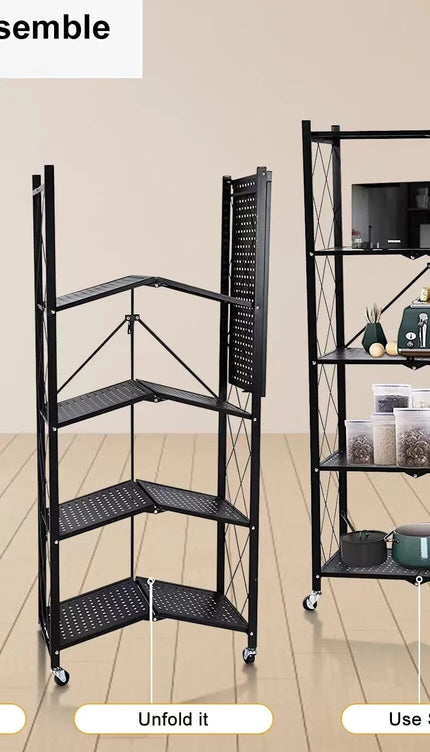 Foldable Metal Storage Shelf Rack with Wheels – 3/4/5 Tier, Black