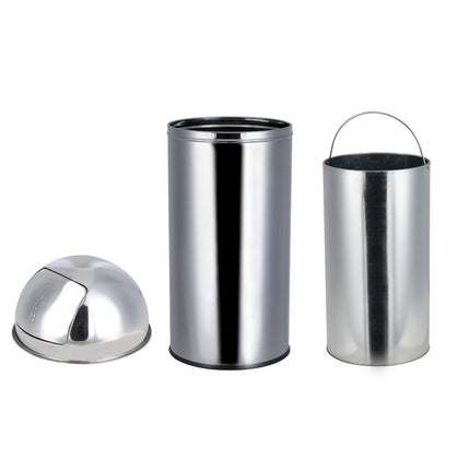 50L Stainless Steel Trash Bin Cylindrical Waste Can Swing Lid Indoor Outdoot