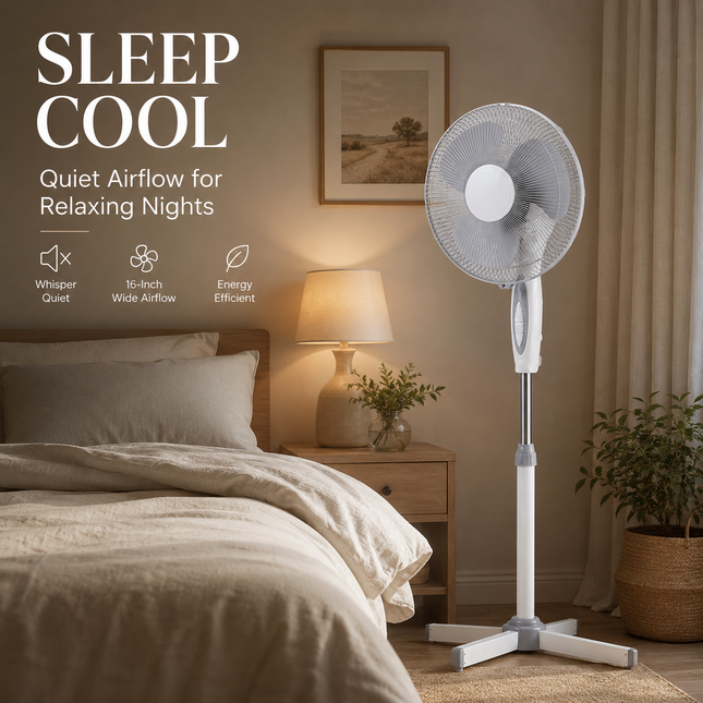 16” Fan Pedestal Oscillating Adjustable Height 3 Speed Powerful Airflow