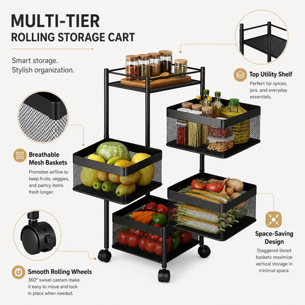 Storage Rack 5 Tier Rotating Kitchen Vegetable Trolley Cart Organizer Shelf