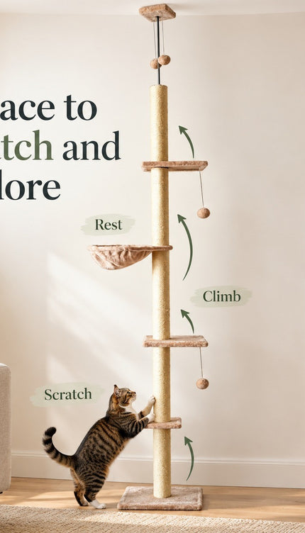 Floor to Ceiling Cat Tree 252cm Multi Level Sisal Scratching Post Hammock Toy