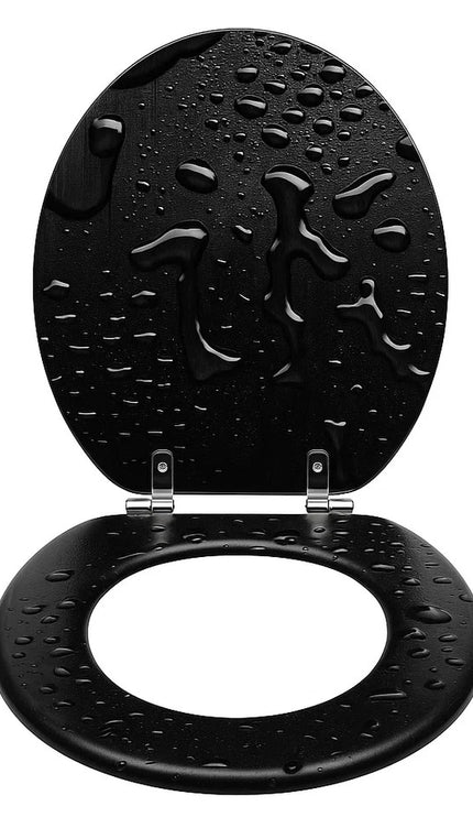 18" Universal Toilet Seat Black Water Droplets Easy Fit Wooden Bathroom WC Seat