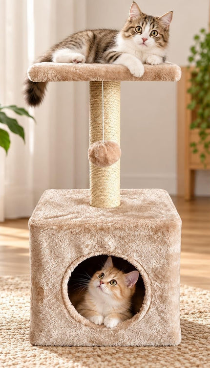 Cat Tree Scratching Post 65cm Condo Hanging Ball Kitten Activity Centre Beige