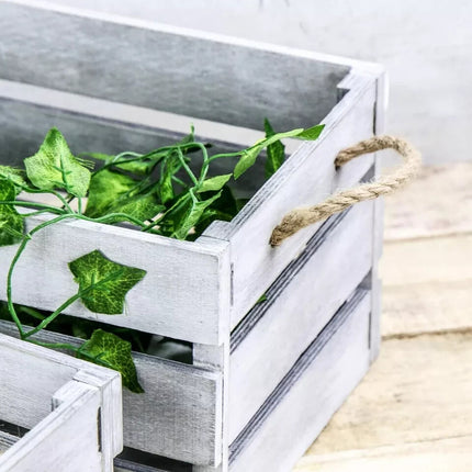 Wooden Storage Crates Set of 3 Bushel Box With Rope Handles Grey Vintage Basket