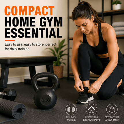 8kg Cast Iron Kettlebell, Black Strength Training Weight with Flat Base for Home Gym Workouts
