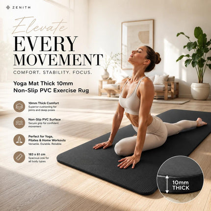 Yoga Mat 10mm Thick Non Slip PVC Pilates Gym Exercise Workout Mat Black 183x61cm