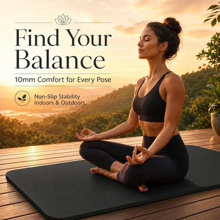 Yoga Mat 10mm Thick Non Slip PVC Pilates Gym Exercise Workout Mat Black 183x61cm
