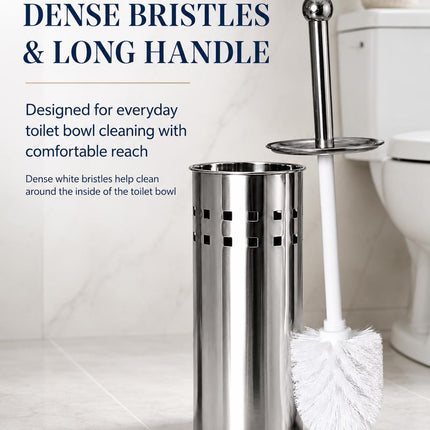 Toilet Brush With Holder Pack of 2 Stainless Steel Bathroom WC Cleaning Brush Freestanding Silver White 38cm