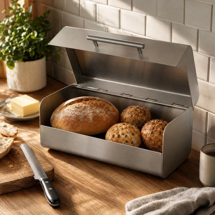 Bread Bin Stainless Steel Large Bread Box with Hinged Lid & Handle, Kitchen Bread Storage Container, Countertop Bread Keeper, Silver Satin Finish, 36.1 x 23 x 14.5 cm