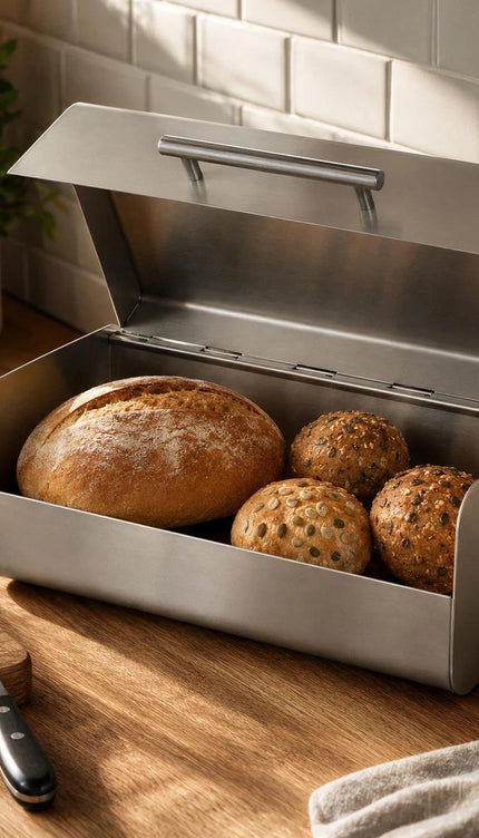 Bread Bin Stainless Steel Large Bread Box with Hinged Lid & Handle, Kitchen Bread Storage Container, Countertop Bread Keeper, Silver Satin Finish, 36.1 x 23 x 14.5 cm
