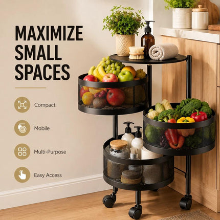 4 Tier Rotating Storage Trolley with Wheels Space-Saving Kitchen Vegetable Rack and Bathroom Organizer Shelf
