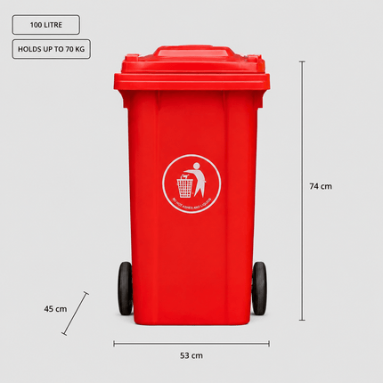 100L Red Wheelie Bin with Lid and Rubber Wheels, Heavy Duty HDPE Outdoor Refuse Waste Bin, 74 x 53 x 45 cm, for Home, Flat, Garage and Workplace