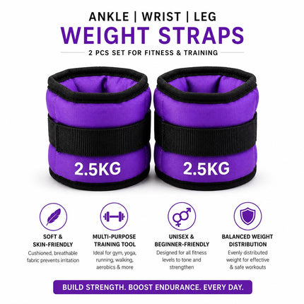 Ankle Wrist Weights Pair Purple Adjustable Leg Weights Straps for Walking Running Yoga Gym Fitness Training Home Workout 0.5kg-3kg