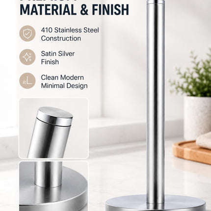 Kitchen Paper Roll Holder Pack of 2 Free Standing Silver Stainless Steel Countertop Tissue Stand Modern 32.5cm