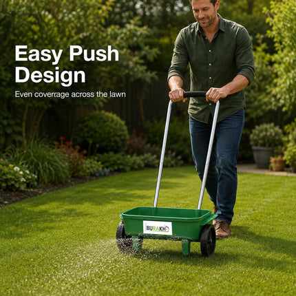 12L Lawn Seed Spreader Wheeled Push Garden Grass Seeder Fertiliser Lawn Feed Rotary Spreader with 110cm Handle for Garden Lawn Care