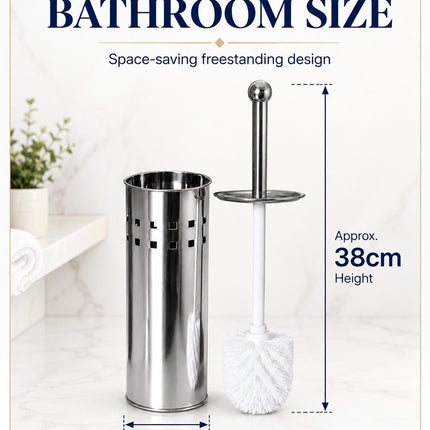 Toilet Brush With Holder Stainless Steel Bathroom WC Cleaning Brush Freestanding Silver White 38cm
