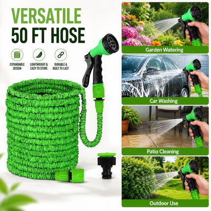 50ft Expandable Garden Hose Pipe Spray Nozzle Gun 8 Function Hose Nozzle Flexible Water Hose Kink Free Hose